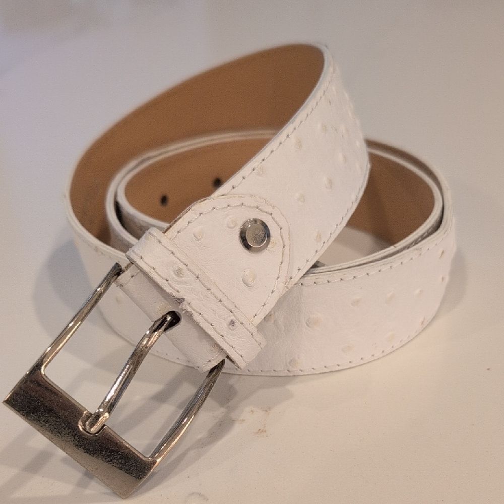 Cintura In Pelle White Ostrich Embossed Leather Belt Silver Buckle Made in Italy